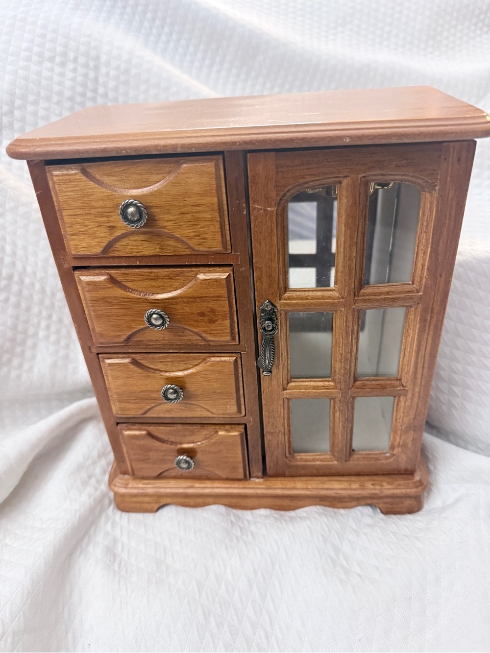 Vintage Wooden Jewelry Box with Mirror and Drawers 9.25x4.75x10.25”